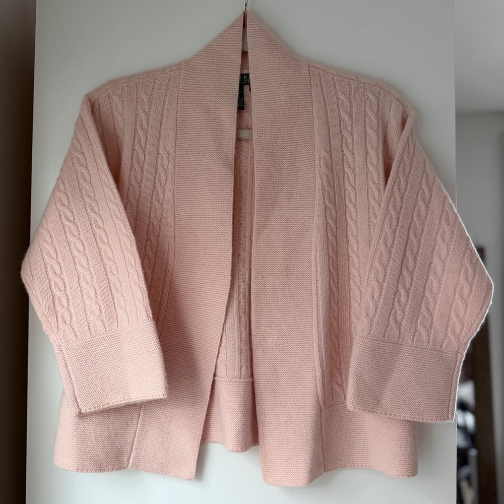 RALPH LAUREN | PETITE BALLET PINK CABLEKNIT WOOL ANGORA RABBIT OPEN CARDIGAN